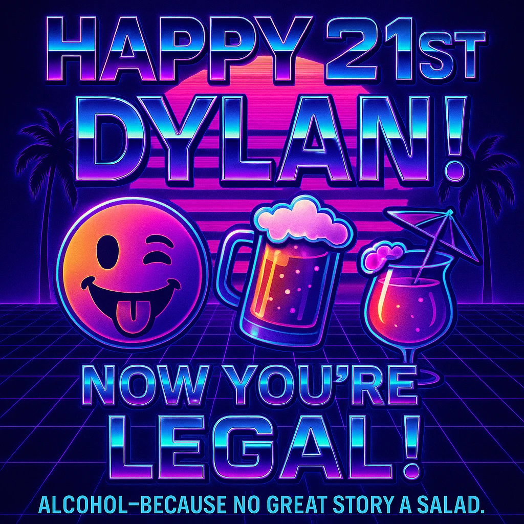 Completely change the style to vaporwave: neon colors, retro 80s grid, palm trees, synthwave sunset, chrome text, and keep the funny drink quote. Make it look digital and bold. emoji