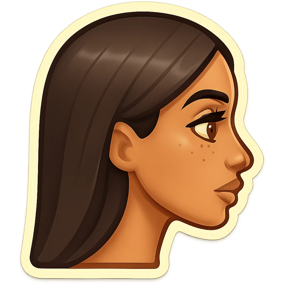 Create a side view (profile) of this woman's head, matching the same cartoon emoji style, with long dark hair and similar facial features. Variant 1. emoji