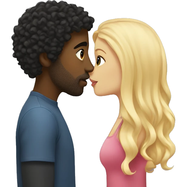 Blonde straight hair girl kisses man black curly hair  emoji