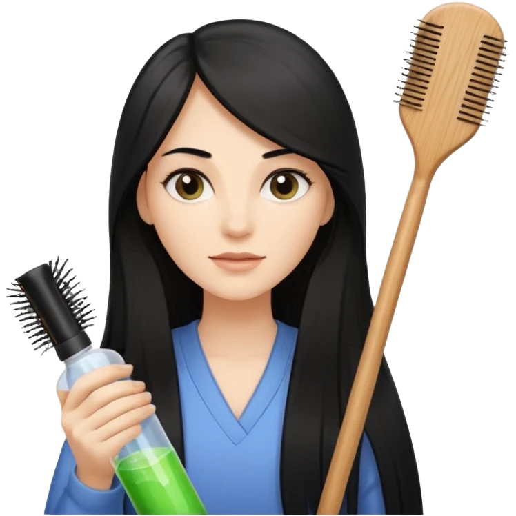 A white woman with long, straight black hair, holding a spray bottle in one hand and a wooden paddle hairbrush in the other. emoji