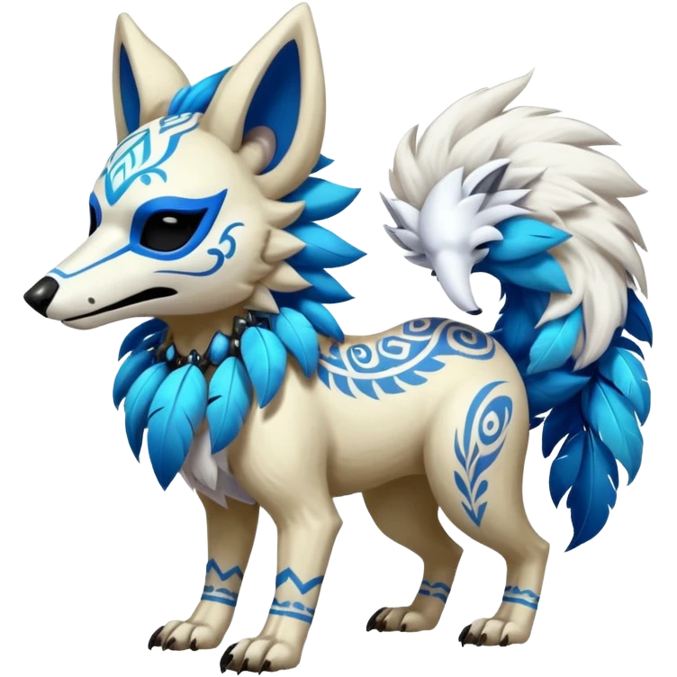 Furry cute colorful exotic tribal feral anime-styled Fakémon-Pokémon-animal-creature with a white wolf-skull-head-mask-face, and blue feathers around neck, with long furry ears, long furry tail, 4 legs, (full body), with intricate pattern-markings emoji