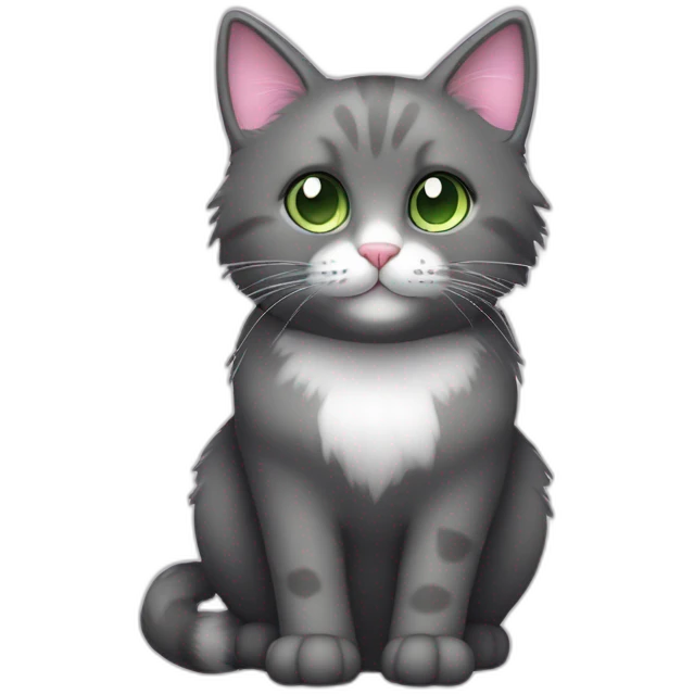 fluffy dark grey cat, small ears, pink nose, light green eyes, white long whiskers, white spots near the nose, white breast, the cat's fur is soft. emoji