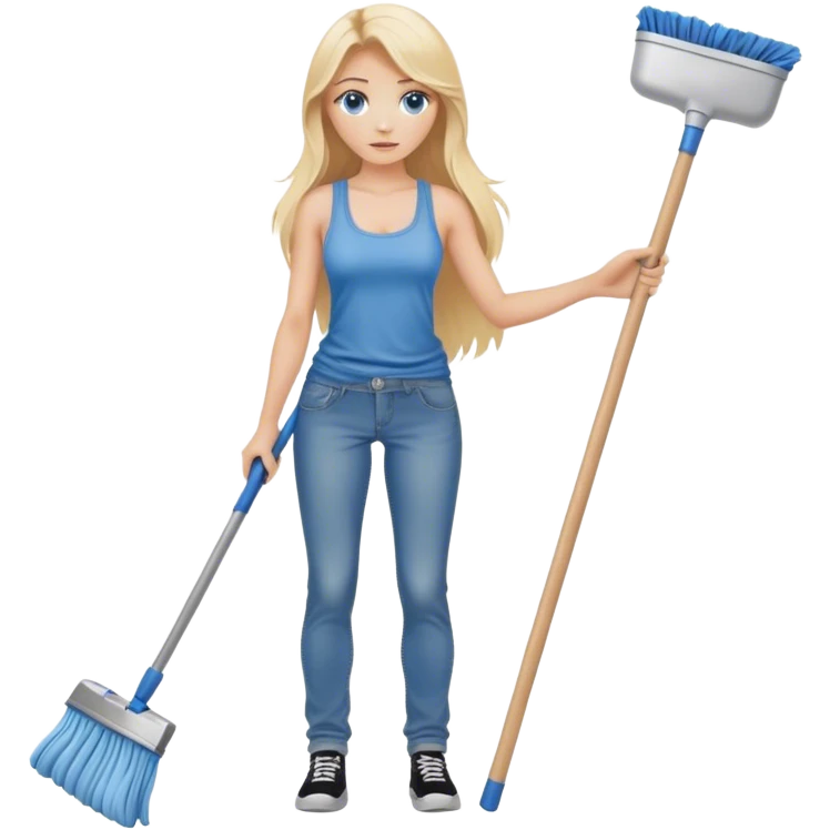 Cinematic realistic blonde with long hair and blue eyes, dressed in jeans and a tank top, holding a mop in her hands emoji