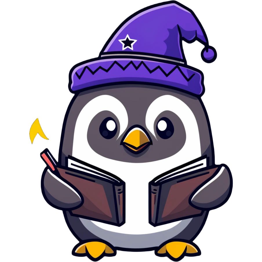 penguin wizard with a starry hat and book of spells emoji
