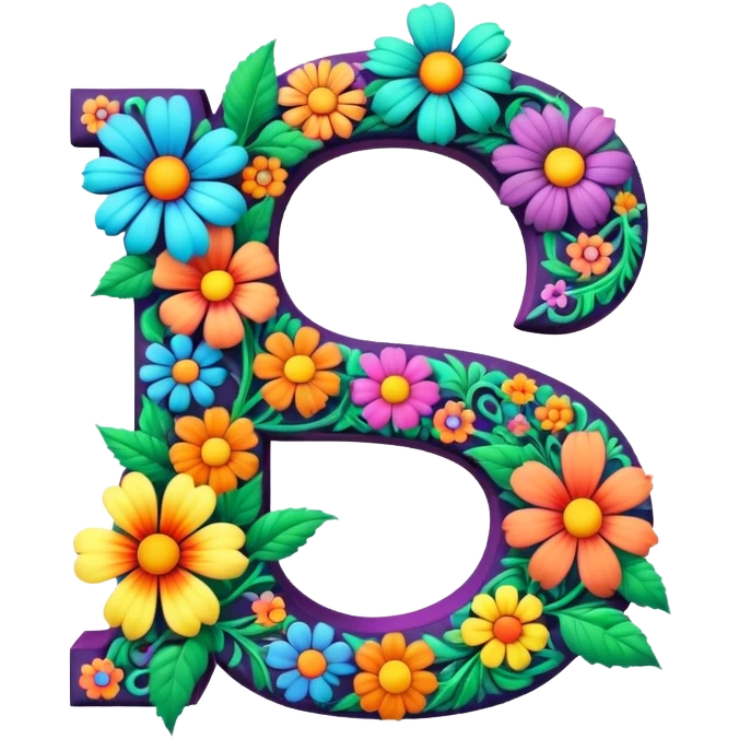 3D, gothic style psychedelic colored Letter S with hippie style flower border emoji