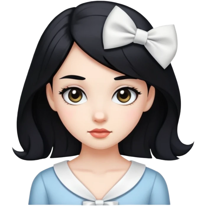 بنت بملامح حاده وشعر اسود وبشرة بيضاء وهناك فيونكه بيضاء في شعرها emoji
