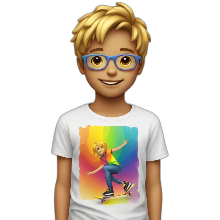 Skater Rainbow Shirt 7 years old boy Golden necklace emoji