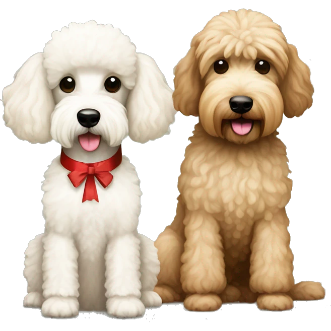 Brown mini poodle cartoon dog with white wheaten terrier dog with beige Christmas present emoji