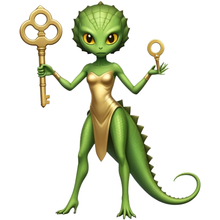 a reptilian alien woman full body, in gold dress, hold big key, yellow eyes emoji