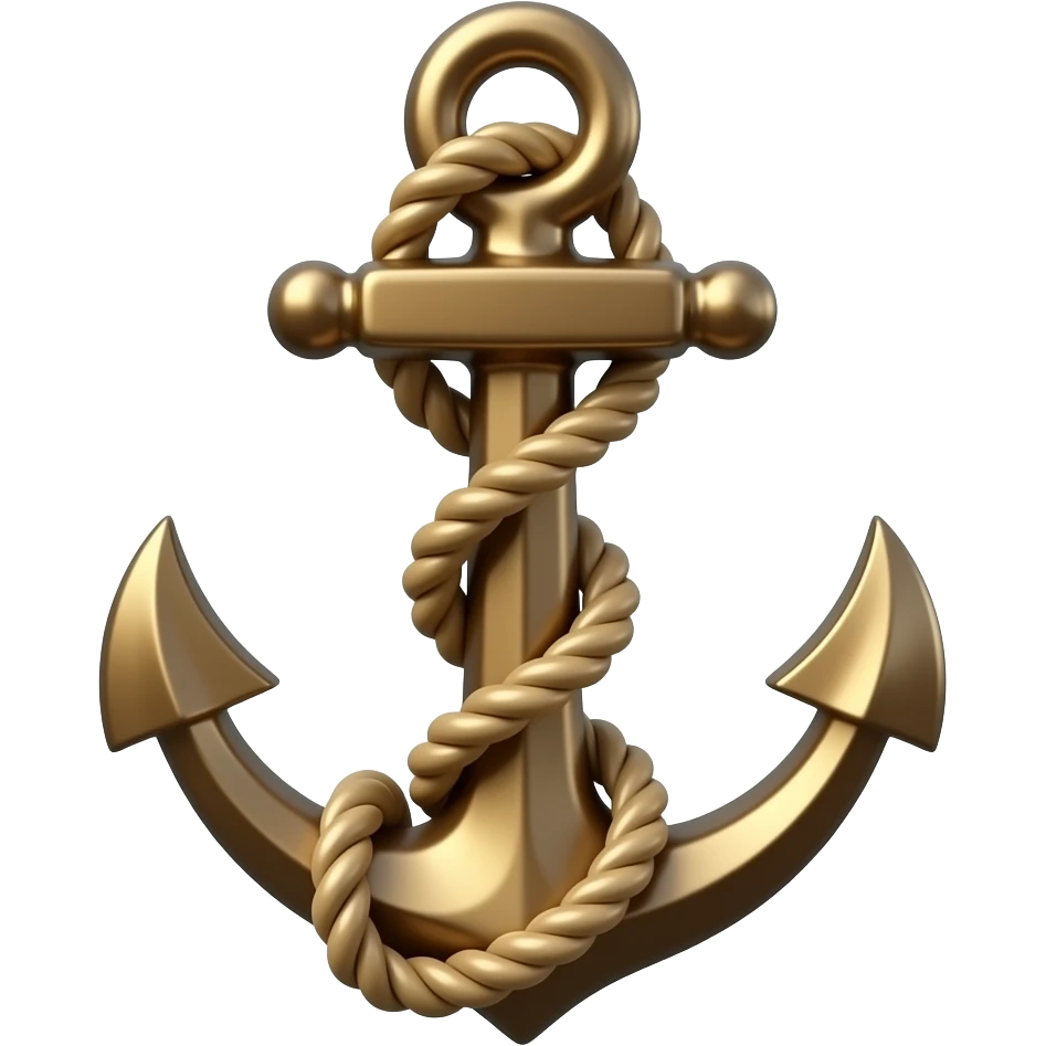 Ultra-realistic 3D bronze anchor with beige rope wrapped around, detailed texture, soft reflections, studio lighting, minimal light background, centered composition. emoji
