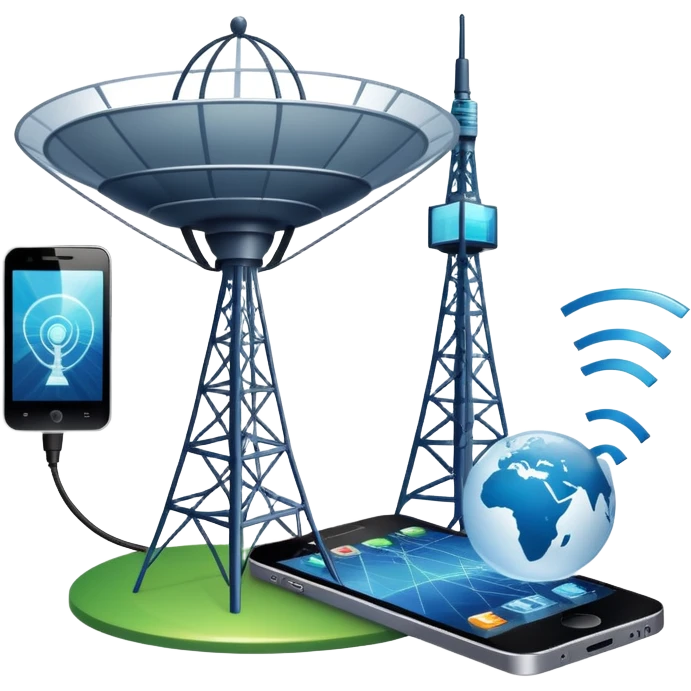 An icon featuring a satellite dish, a cell tower emitting signals, and a smartphone displaying a chat interface. The design includes fiber-optic cables and data waves, symbolizing global communication, connectivity, and information exchange. Transparent background. emoji