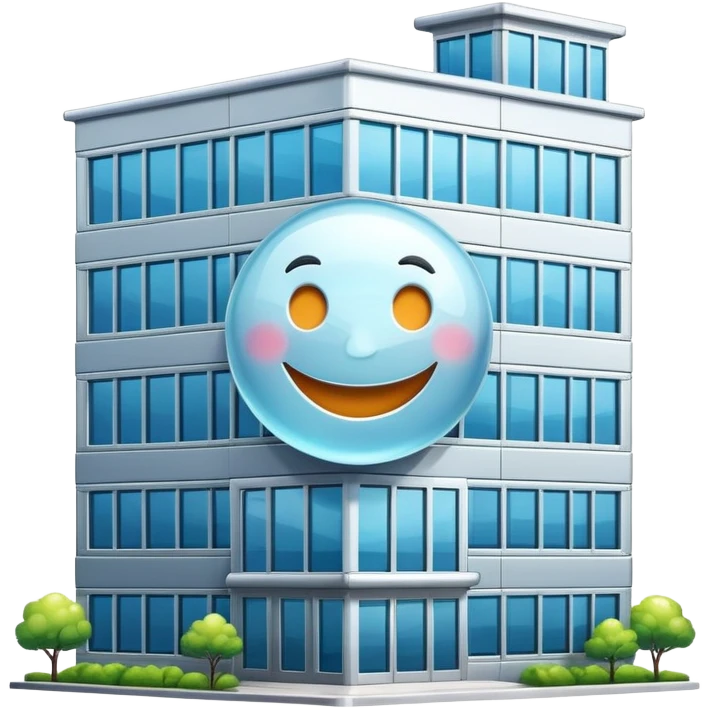 smiling office building with a happy face emoji