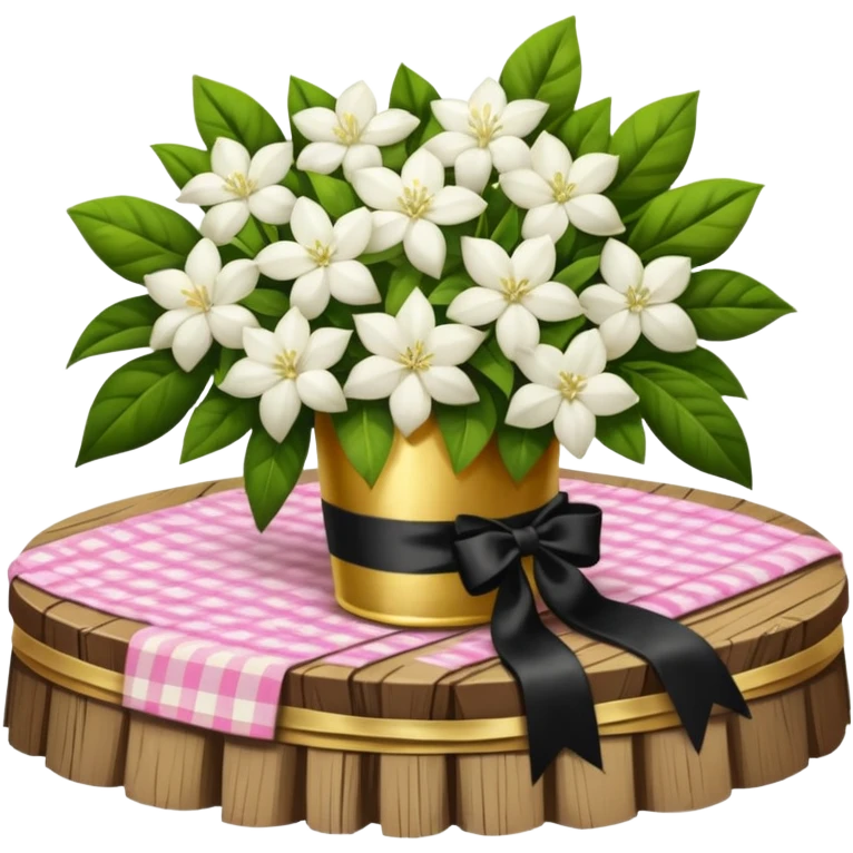 A lush bouquet of white color Jasmin black satin ribbon, resting on an antique wooden table, with a pale yellow and pink plaid pattern table cloth emoji