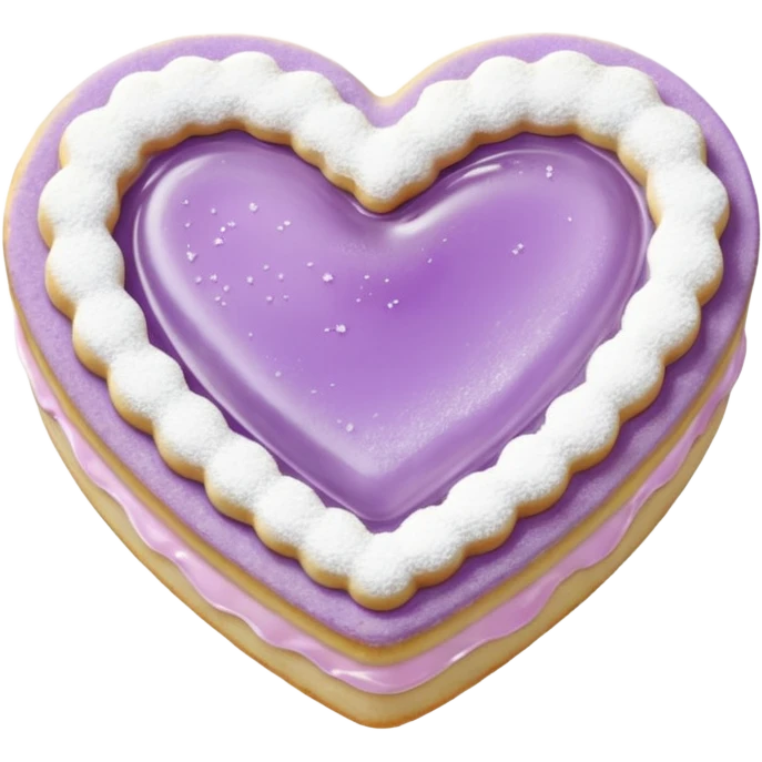 Realistic shortbread cookie in the shape of a heart with pale lilac color jelly middle filling and sprinkled powder sugar on top. emoji