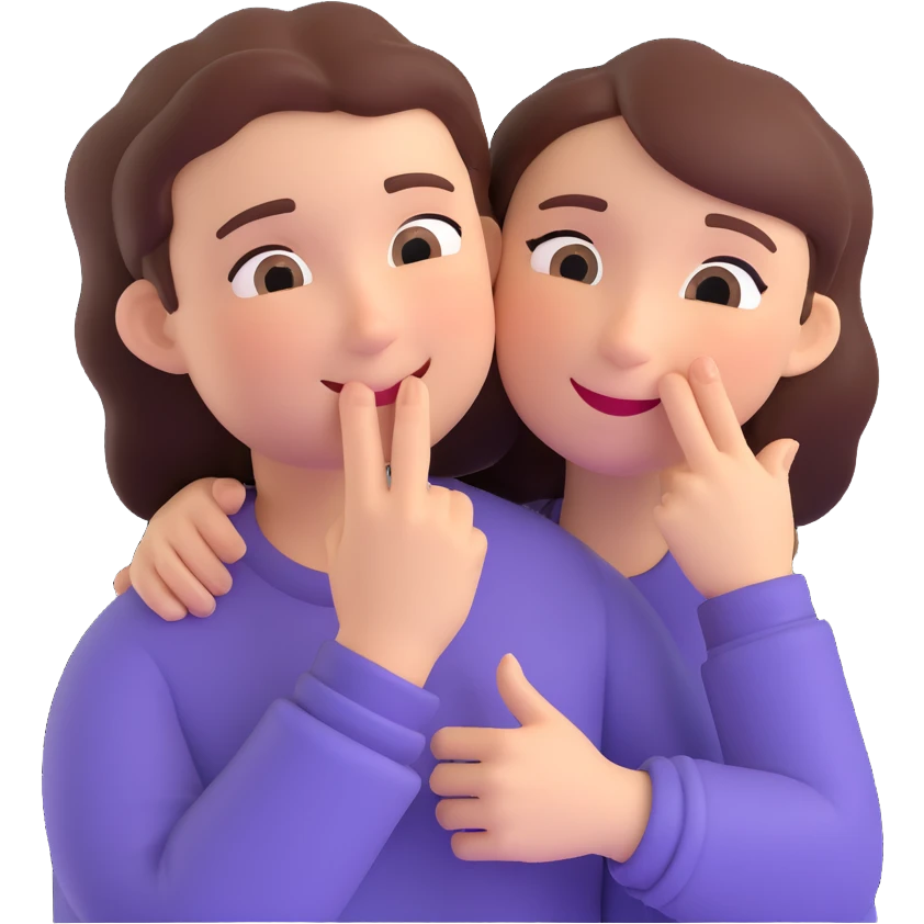 A person hugging another person with a mysterious smile and a finger to their lips emoji
