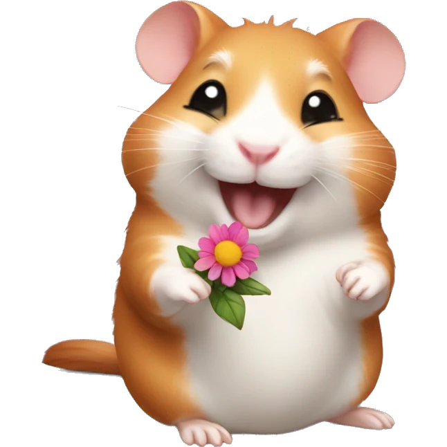 A red-haired hamster laughing with a flower emoji
