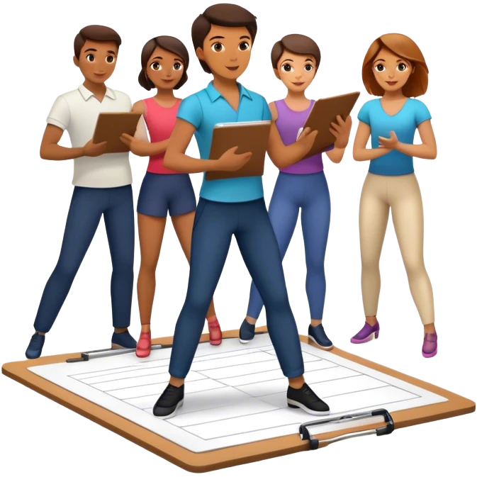 Icon for Choreography: a dance floor with a choreographer holding a clipboard, giving instructions to a group of dancers in motion. The icon should capture the art of movement and direction in dance. Transparent background. emoji
