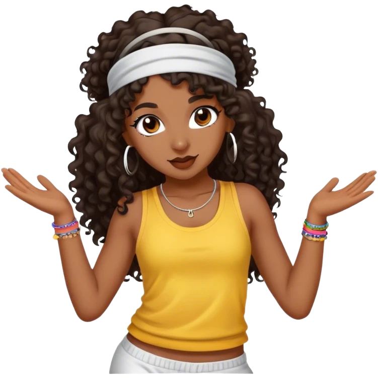 Dancing dark brown girl with long darn brown curly hair with headband hip hop emoji