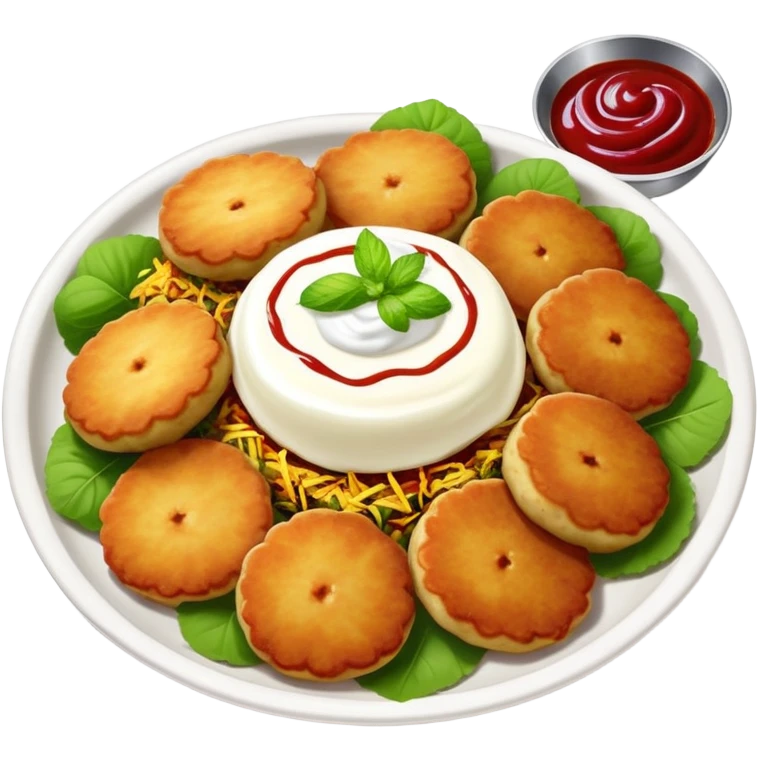Aloo Tikki Chaat, Indian street food with potato patties, yogurt, and chutneys emoji