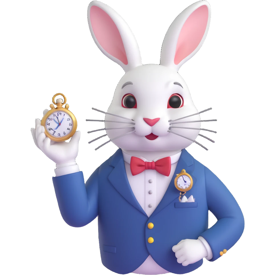 Alice in Wonderland white rabbit with a bow tie and monocle, holding a pocket watch, elegant and quirky design emoji emoji