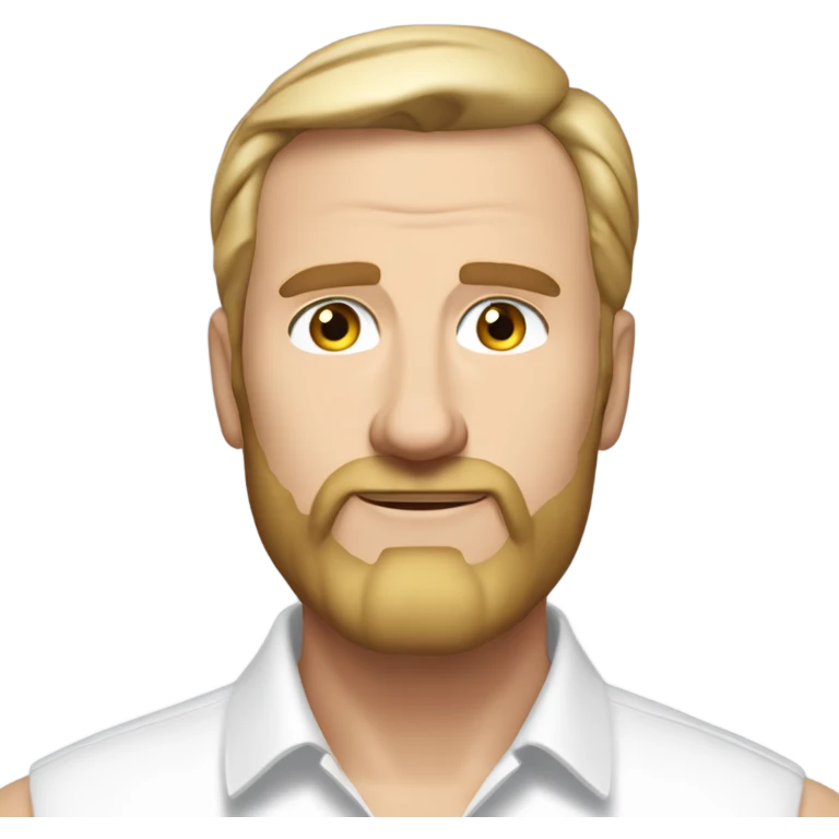 middle aged english man, short slicked back hair blonde, blonde medium length size full beard, eyesbrows not raised, in a smart white unbuttoned shirt. emoji