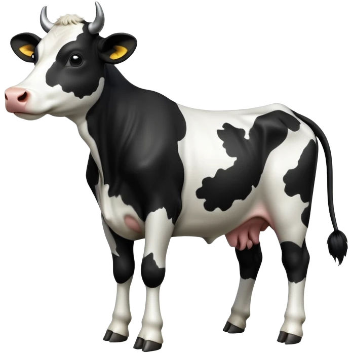 cinematic-[cow]-realistic-full-body-standing-emoji,-tail-flicking-lazily,-head-tilted-dramatically,-sleek-[black and white]-fur,-simplified-yet-realistic-focused-features,-highly-detailed,-glowing-with-an-almost-sarcastic-glow emoji