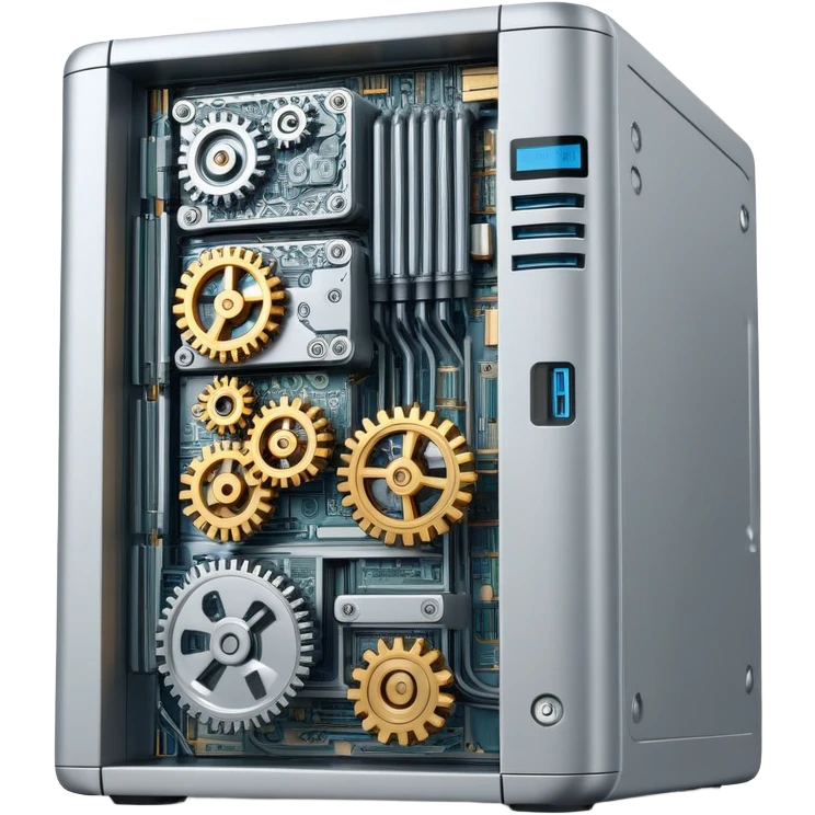 Computer server with gears and code symbols representing DevOps automation emoji