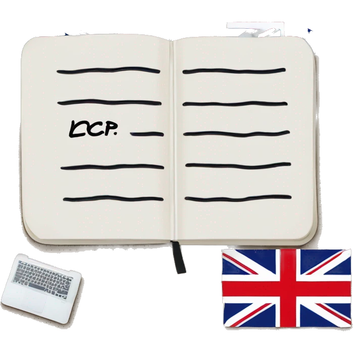 Notebook for writing English words with the Great Britain flag icon and the inscription LCP emoji