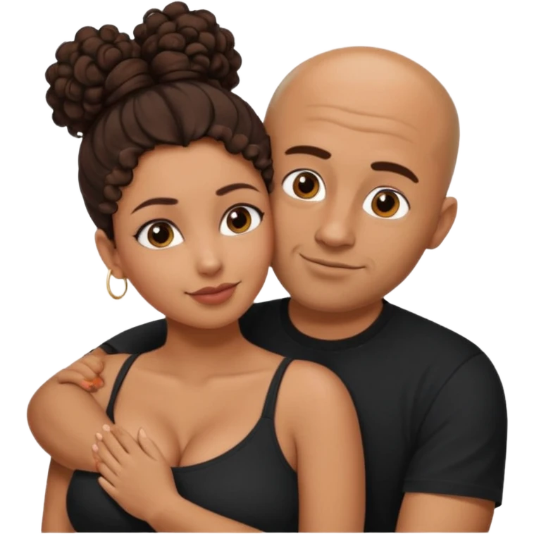 A picture of a tanned couple embracing. the man is a Mexican man with tanned skin, a bald hair cut, short beard and wearing a black shirt. the woman is mixed, with curly brown hair in a messy bun and with big boobs  emoji