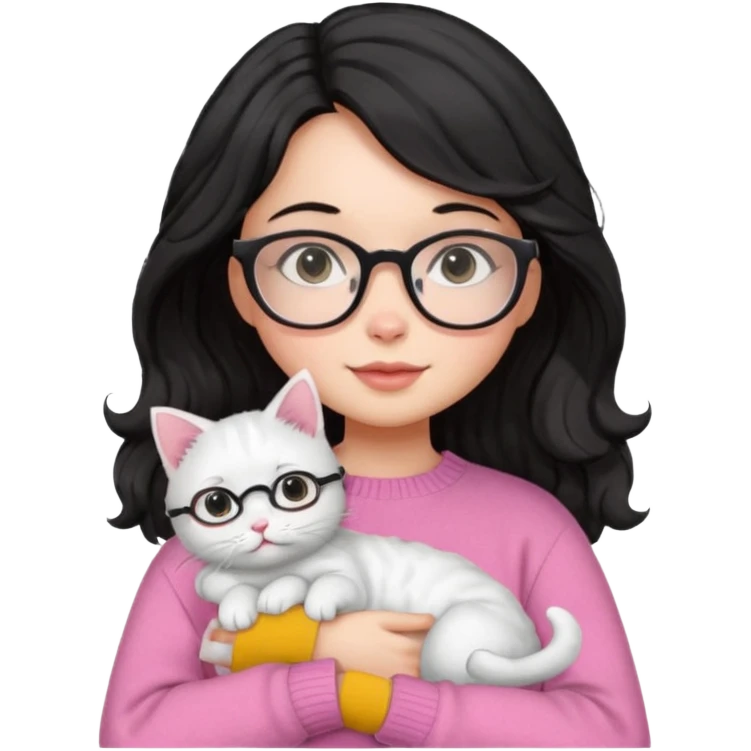 a girl with a black wavey hair, wearing a pink sweater and glasses, holding a cute white cat, only upper body, high quality. emoji