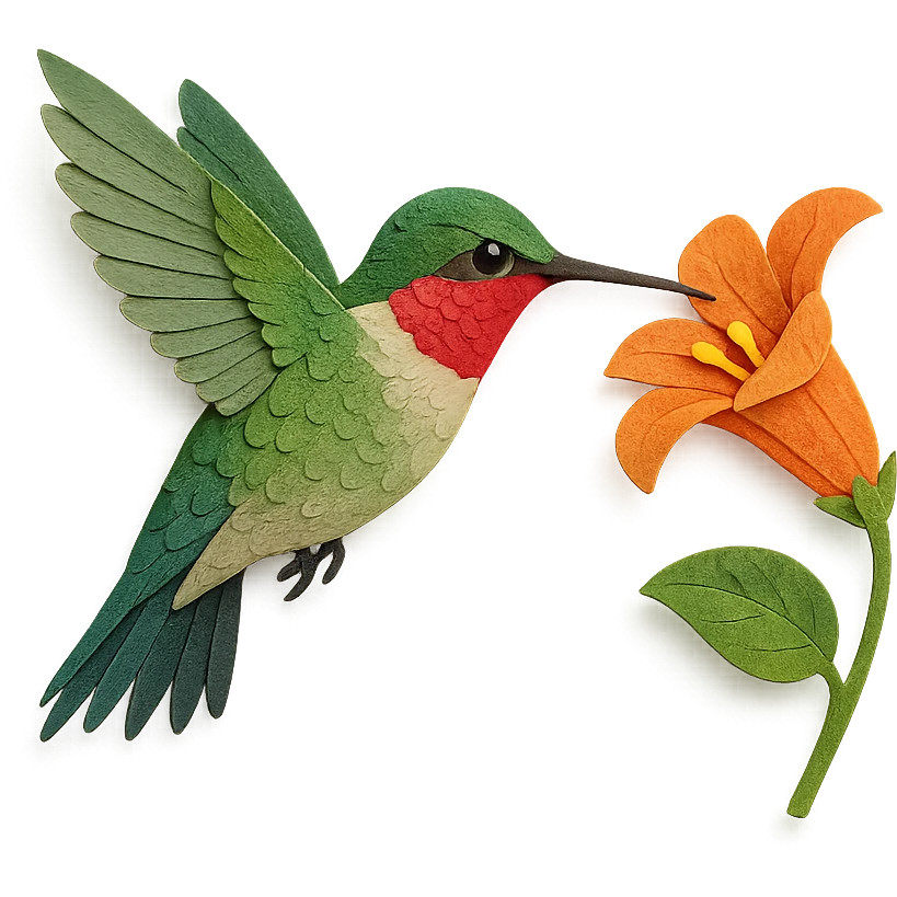 very detailed ruby-throated hummingbird, intricate cut paper textures, iridescent green feathers, bright red throat, hovering near a flower emoji
