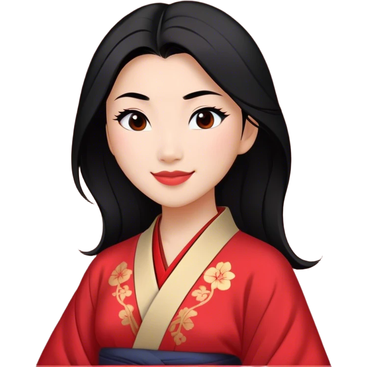 Cinematic Realistic Radiant Mulan Portrait, presenting Mulan with a warm, confident smile and lifelike light-toned skin that appears almost luminous under natural daylight. Her sleek black hair is rendered in meticulous detail, and her traditional robe—accented with understated red highlights—is depicted with realistic fabric textures and folds. The overall image exudes a gentle, inviting glow, high shine, and refined detail that captures her poised elegance and inner resilience in a painterly, authentic style. emoji