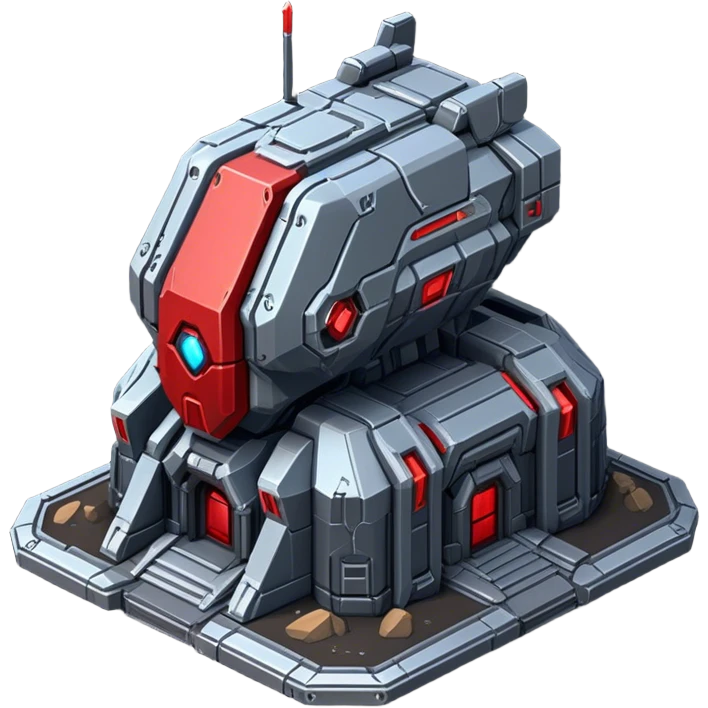 StarCraft-inspired, sci-fi, isometric RTS building with a rugged Terran look: thick metal plating, rivets, subtle wear, and a gunmetal palette plus one accent color emoji