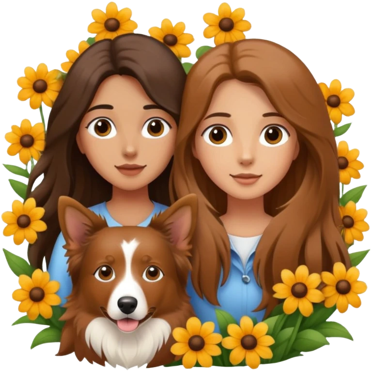 A long-haired girl is holding a brown Border Collie in the flowers emoji
