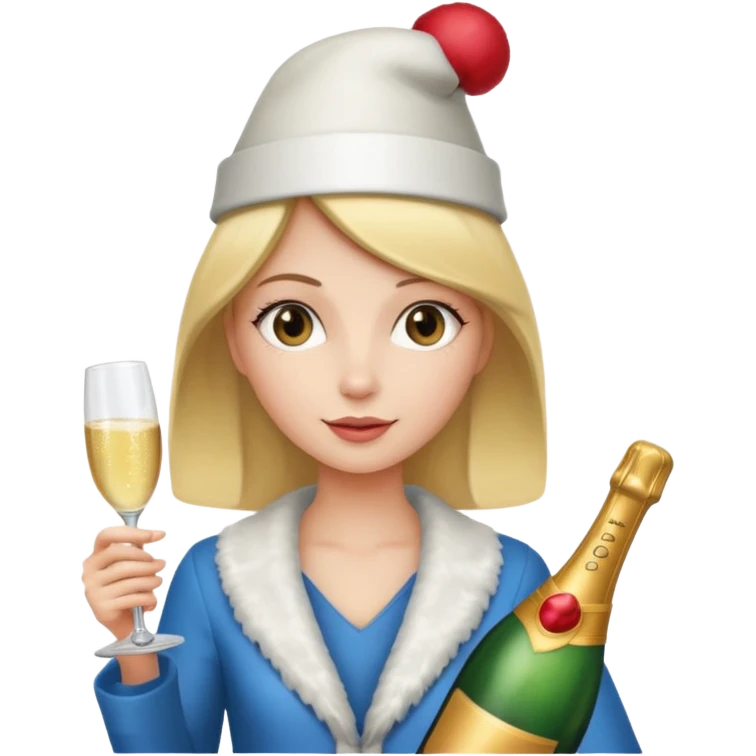 girl holding only Champagne bottle with party cap. emoji