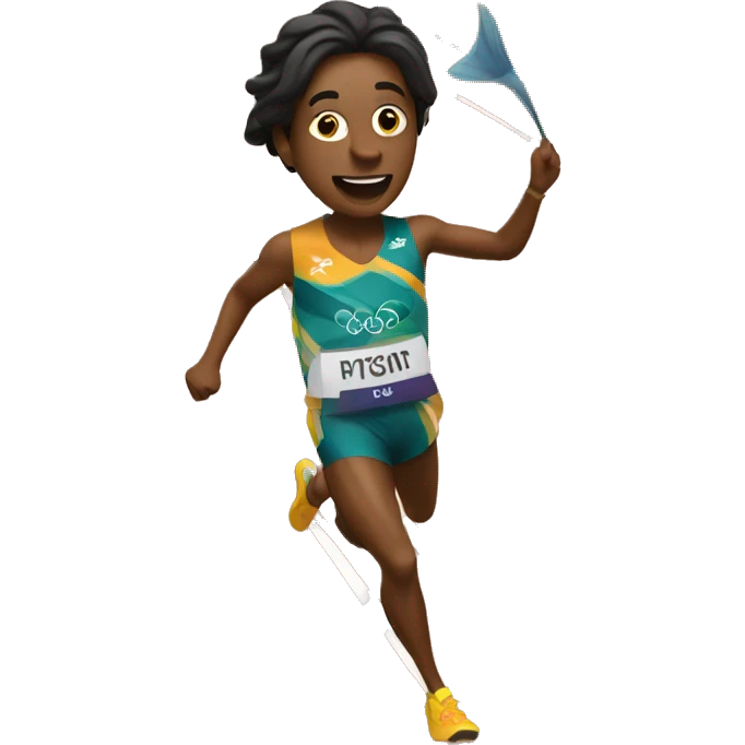 Olympic runner crossing the finish line holding a fish emoji
