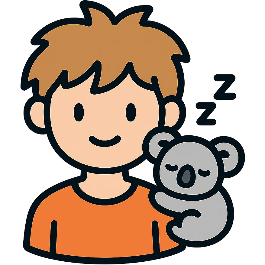 light brown messy haired boy with a very small sleepy koala on his shoulder, color outline icon emoji