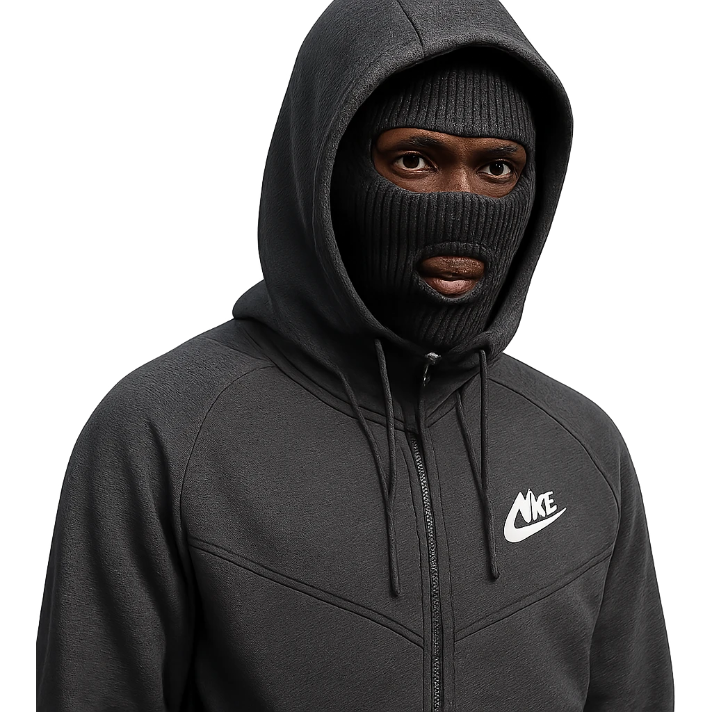 a Black individual wearing a ski mask or balaclava, dressed in a Nike tech tracksuit with the hood up, detailed, realistic emoji
