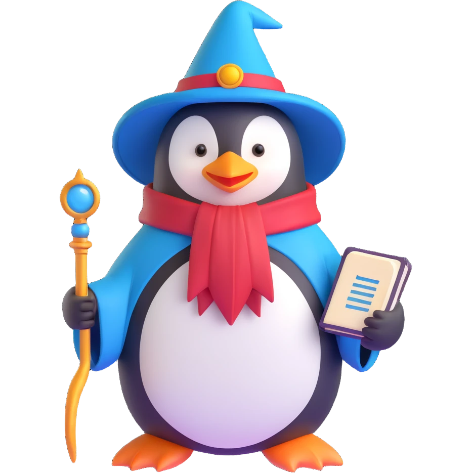 A penguin wizard wearing a wizard hat and holding a spellbook emoji