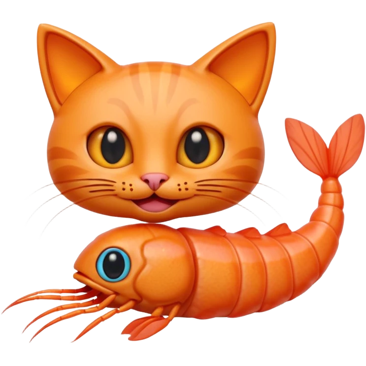 A cute 3D hybrid creature combining a cat and a shrimp, with a cat’s head and a shrimp’s body, bright orange tones, big expressive eyes, smiling face, cartoon style, soft lighting, smooth textures, emoji-like design, high-quality digital illustration. emoji