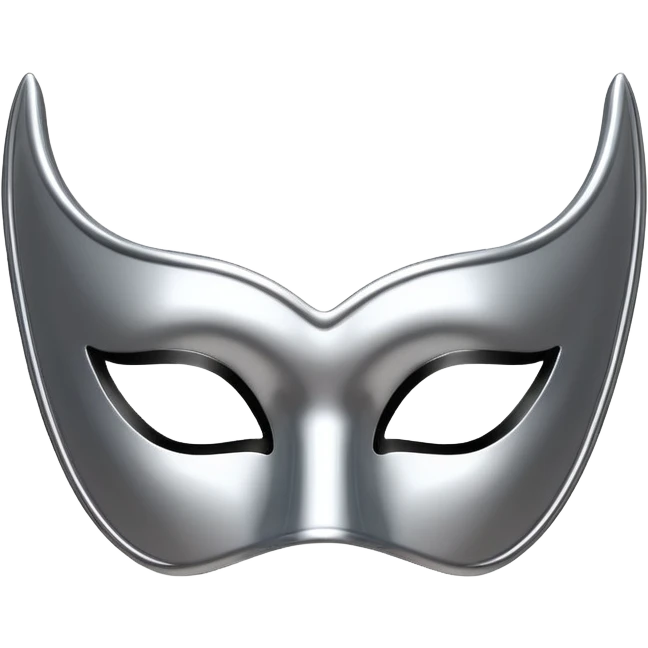 A sleek masquerade mask emoji made of polished silver chrome, smooth sensual curves, reflective metallic surface, mysterious sexy luxury vibe, minimal iOS emoji style, centered, clean white background emoji