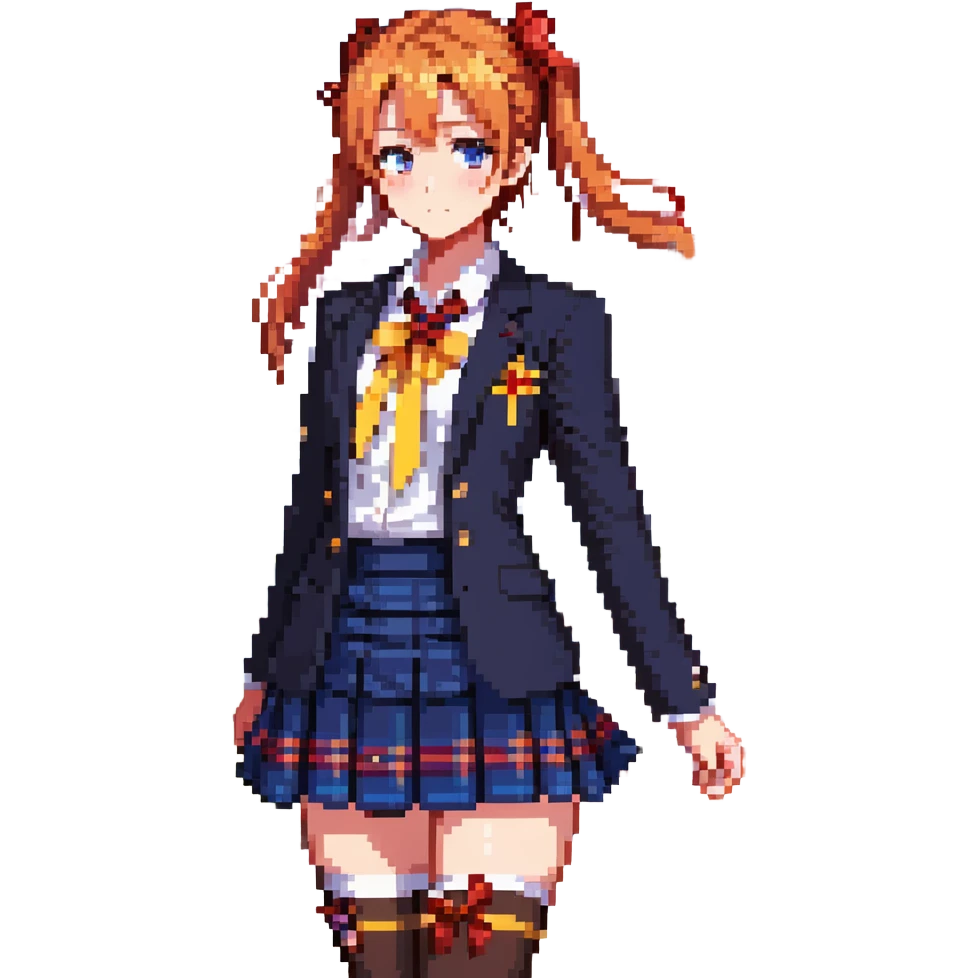 Honoka Kosaka from Love Live standing in Otonokizaka High School courtyard, orange side ponytail with yellow ribbon, blue eyes, navy blazer, red ribbon at collar, blue tartan skirt, black knee socks, brown loafers, cherry blossom petals floating, spring breeze, cheerful and determined expression emoji