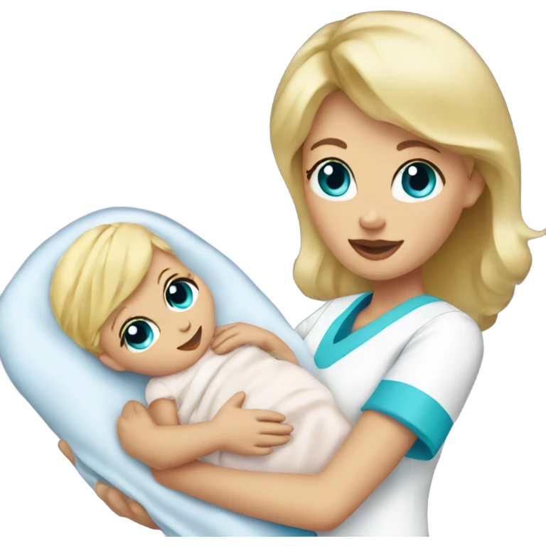 female nurse with blonde hair with curtain bangs and blue eyes holding a newborn baby emoji