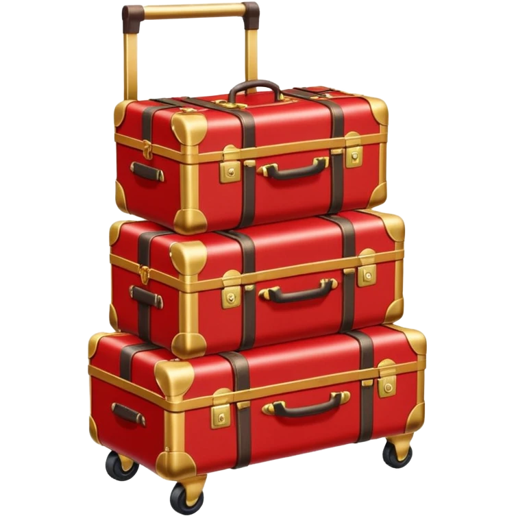 Luggage cart: A polished gold luggage cart with a red carpet base, neatly stacked with suitcases. emoji