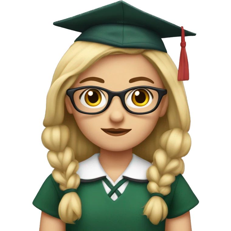 niña rubia, con ojos azules, con gafas rosas y con uniforme de colegio con falda de cuadros verdes y marron emoji
