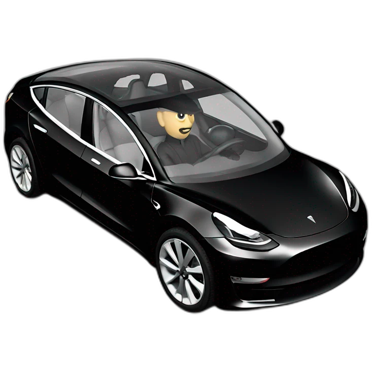 small Nikola Tesla riding an all black Tesla Model 3, side view emoji
