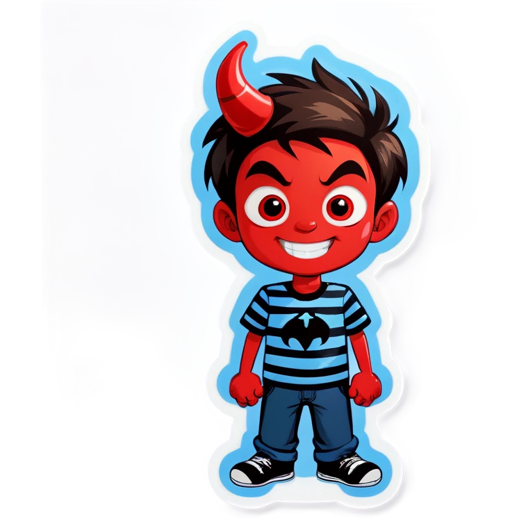 smiling boy in striped shirt with red face and devil horns emoji