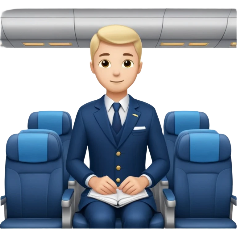 A  male courteous flight attendant checking seat rows with a polite, attentive posture. emoji