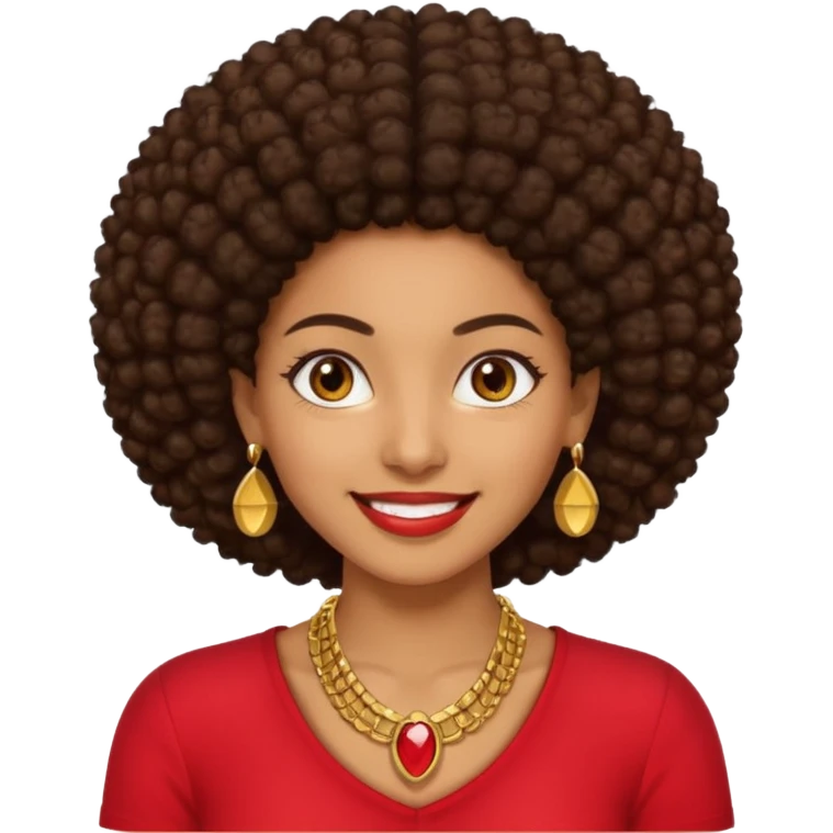 Brownskin girl dark brown hair afro brown eyes smiling red shirt gold esrrings gold necklace emoji