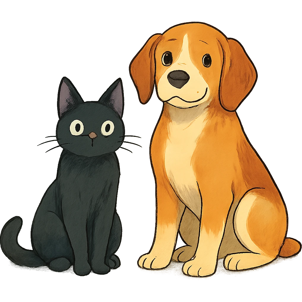 ghibli style cat and dog together emoji